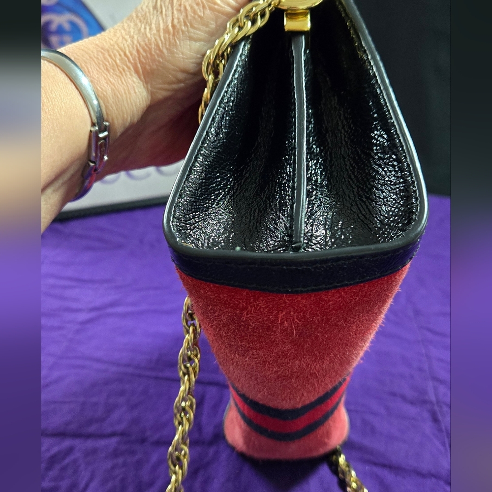 GUCCI RED SUEDE BLACK LEATHER OPHIDIA SMALL SHOULDER/CROSSBODY BAG - Picture 4 of 13